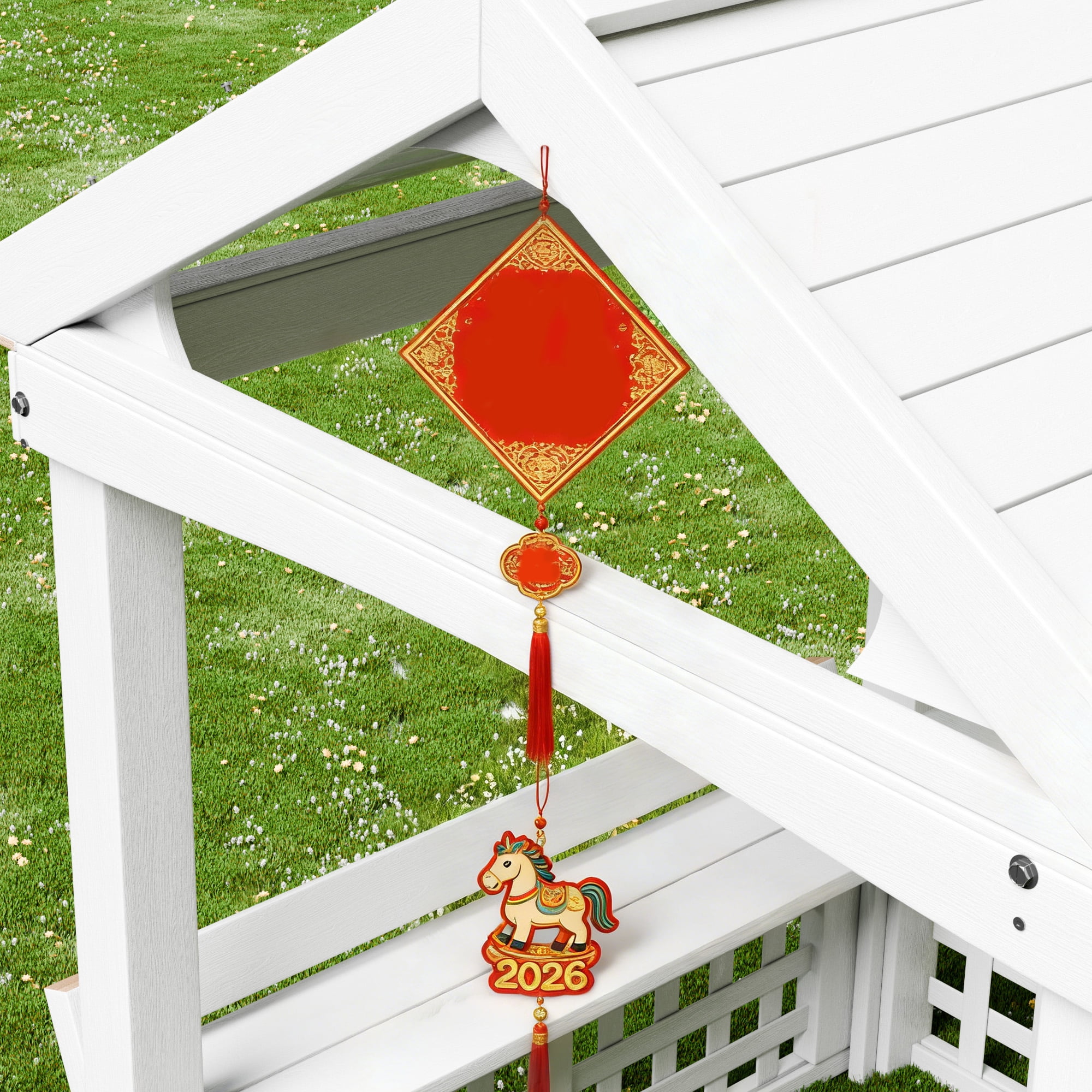 Wooden Outdoor Kids Playhouse with Bench Roof Doors Rustic Garden Backyard Children's Clubhouse