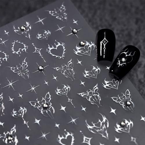 Silver Star Nail Art Stickers 5D Self Adhesive Heart Butterfly Nail Stickers for Nail Art Silver Nail Decals Rhinestone Design Star Nail Supplies for Women Girls
