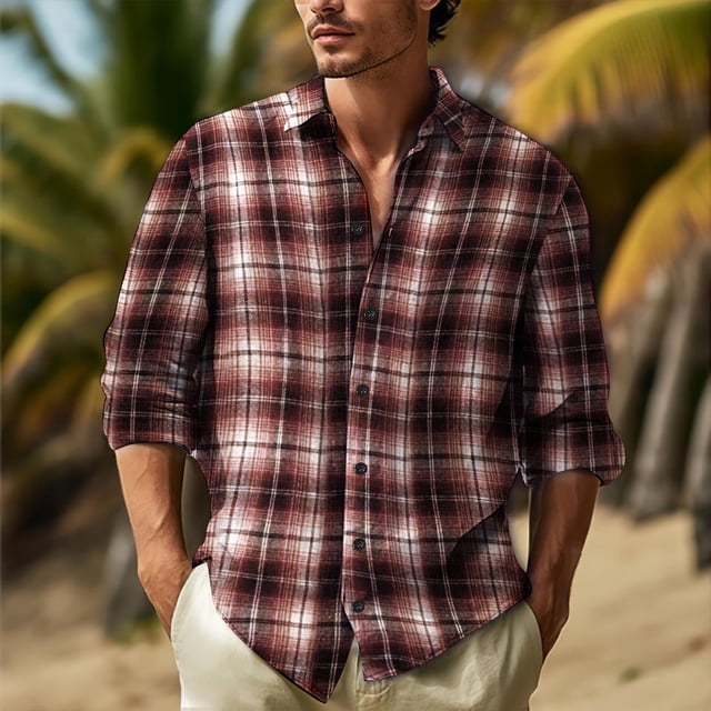 Blusa y camisa de manga larga con cuello vuelto para hombre, blusa informal de retazos a cuadros a la moda con botones de solapa, blusa de manga larga, blusa de poliéster para hombre