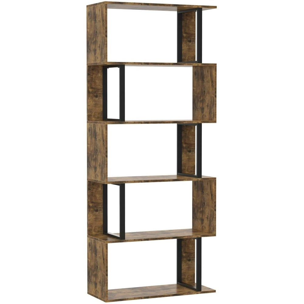 IRONCK Bookcase and Bookshelf 5 Tier Display Shelf, SShaped Metal and Wood Bookshelves