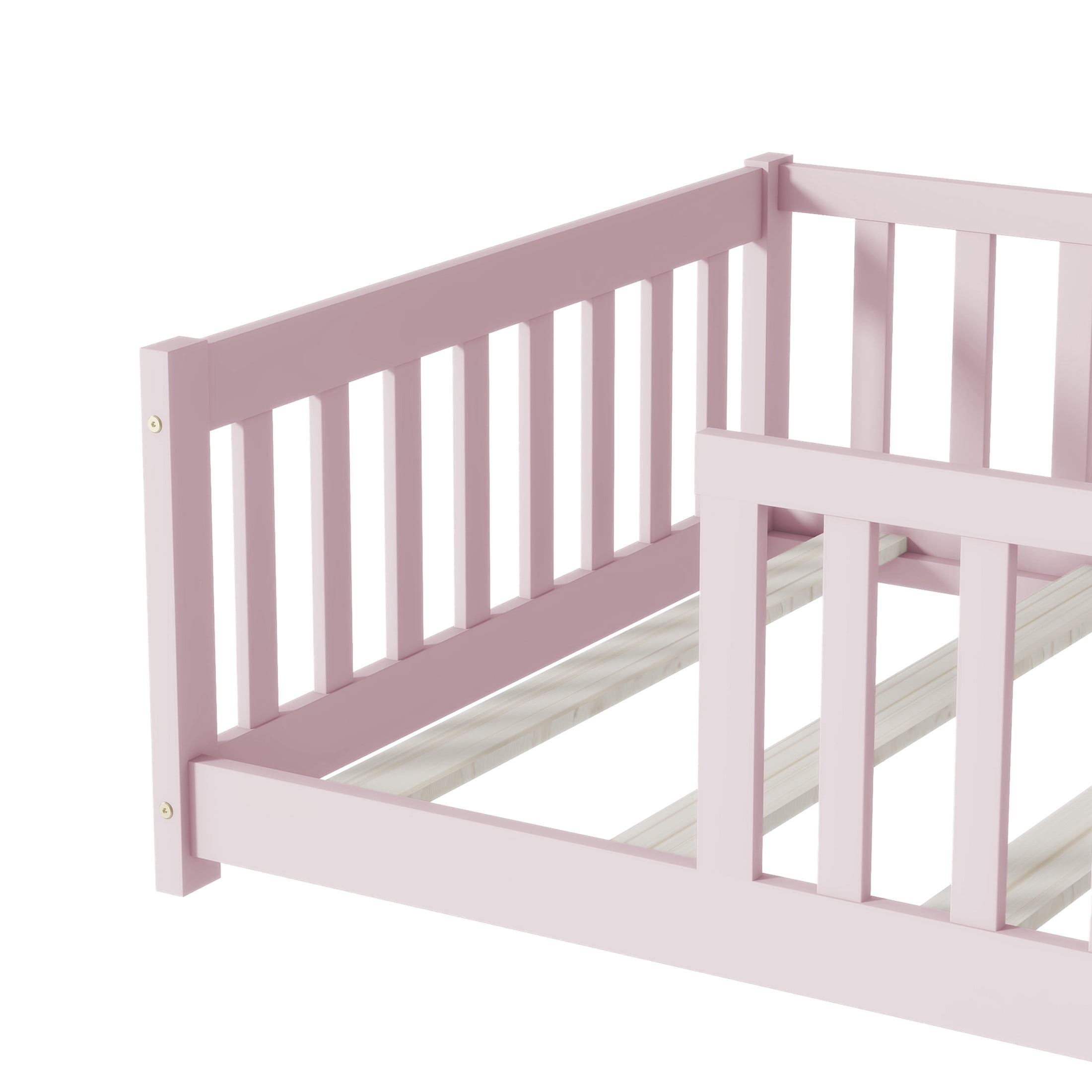 Noble House Nira Twin Size Floor Bed with High Fence, Sturdy Rubber Wood Montessori Bed, Kid's Room, Pink
