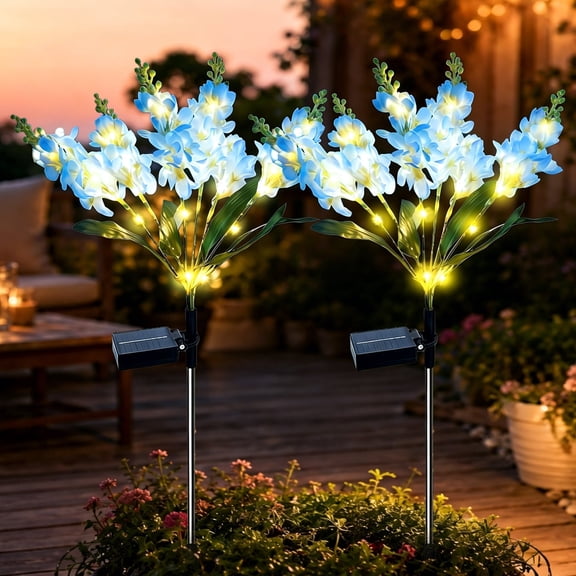 Rirool Solar Blue Violet Flower Garden Stake Lights, 6-Head Warm White LED Outdoor Waterproof Pathway Lights for Yard Lawn Patio, Elegant Dusk-to-Dawn Outdoor Landscape Decor, 2 Pack