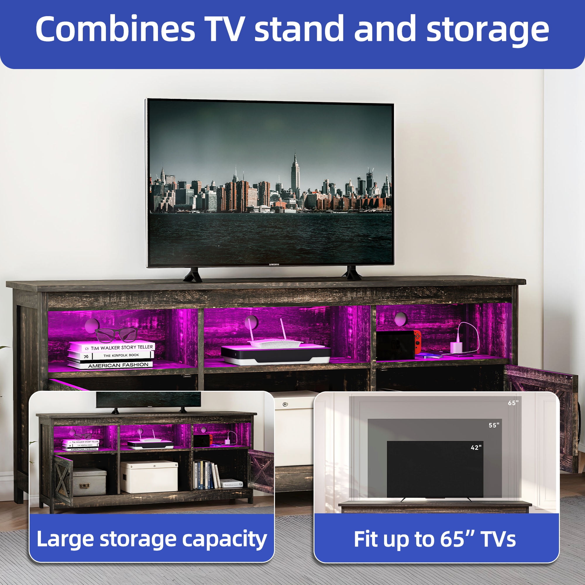 ModFusion Rustic Black TV Stand with Support for 70" Screens, Dual Doors with Magnetic Hinges, Adjustable Shelves, LED Lighting, Cable Management, Freestanding Design, and 300 lb Capacity