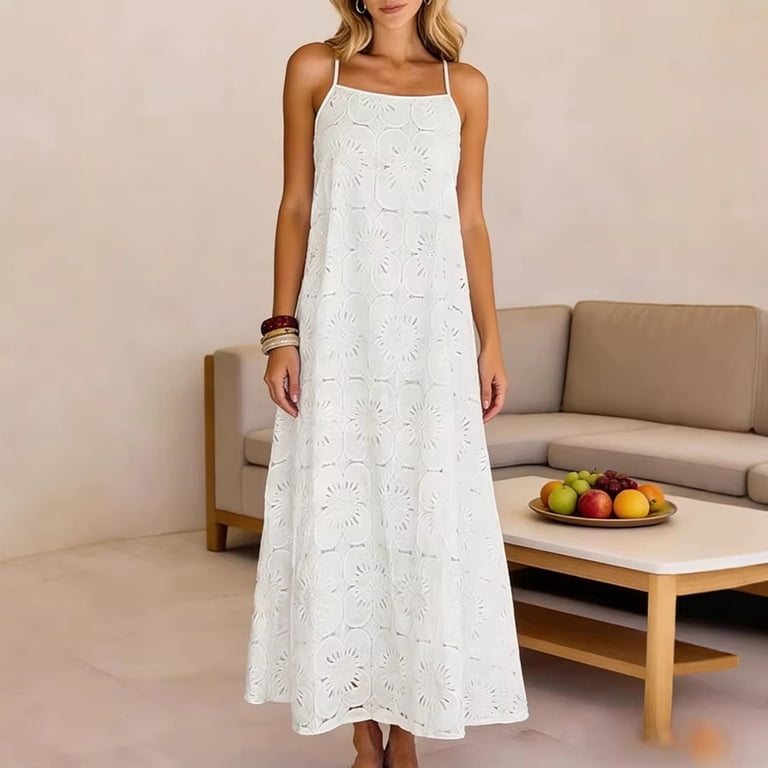 2026 Women's Relaxed Shift Maxi Dress Adjustable Spaghetti Strap Square Neck Allover Floral Eyelet Lace Lined Solid White Boho Casual Beach Wedding Guest Vacation Sundress