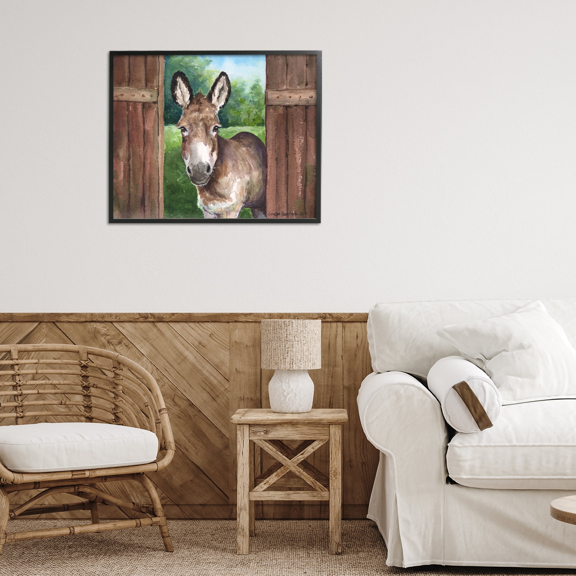 Stupell Industries Donkey in Wooden Gate Black Framed Giclee Art, design by George Dyachenko