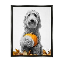 Stupell Industries Dog & Autumn Leaves Holiday Painting Black Floater Framed Canvas Art Print Wall Art, 17 x 21