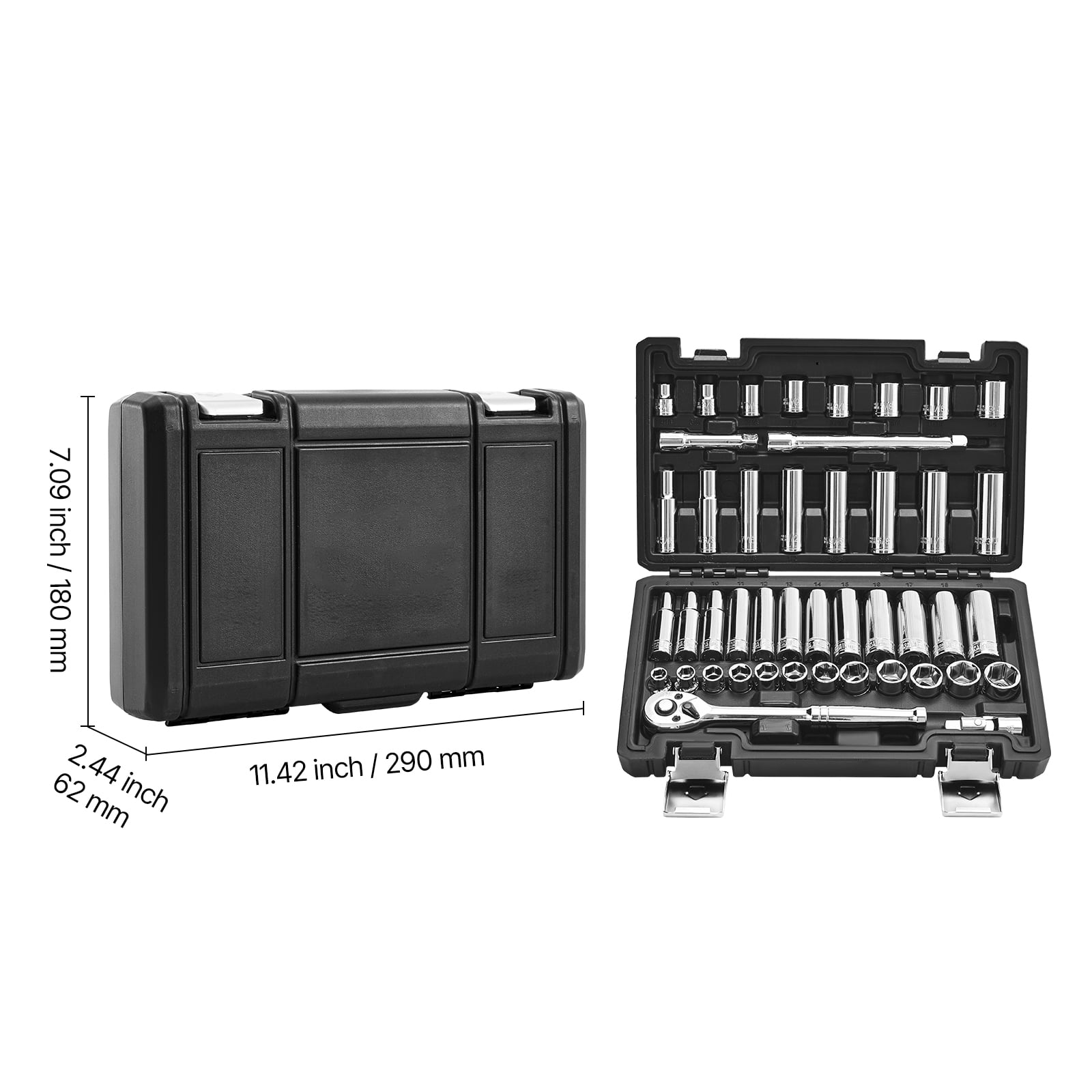 KFFKFF 44-Piece Socket Set, 3/8-Inch Drive, SAE & Metric Sizes, Includes Deep & Shallow Sockets, Ratchet, Accessories, and Storage Case, Made of CR-V Steel for Automotive Maintenance