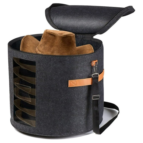 Round Hat Storage Box - Foldable Hat Box with Lid for Stuffed Clothes and Animal Toy, Carrying Organizer Box Dark Grey