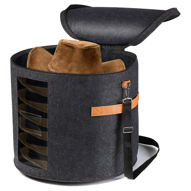 Round Hat Storage Box - Foldable Hat Box with Lid for Stuffed Clothes and Animal Toy, Carrying Organizer Box Dark Grey