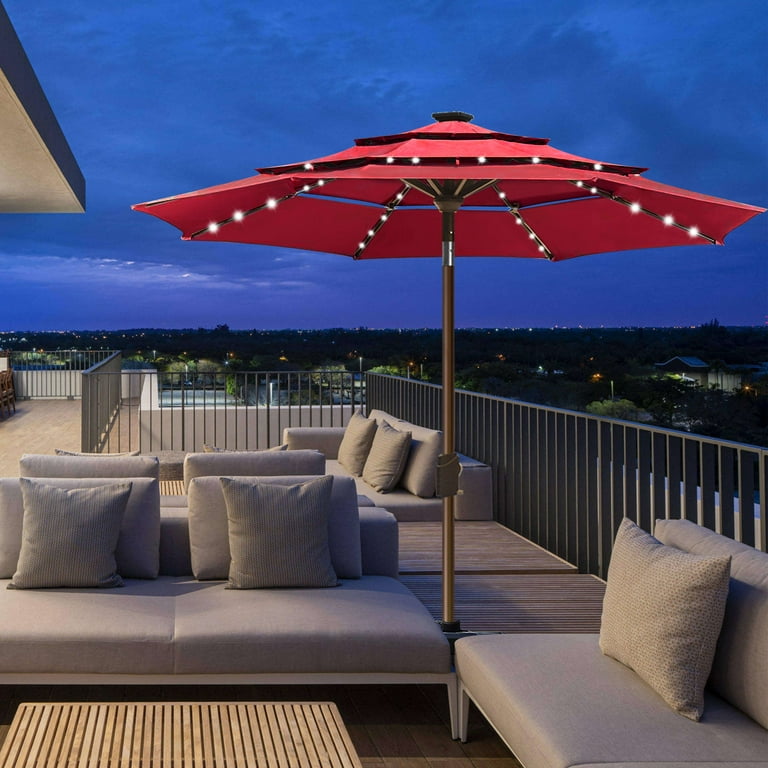 eliteshade 9' 3-tiered sunbrella patio umbrella. EliteShade Sunbrella Solar 9ft 3 Tiers Market Umbrella with 80 LED Lights  Patio Umbrellas Outdoor Table with Ventilation and 5 Years Non-Fading