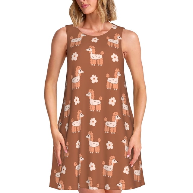 Xecao Mignon Chien Caniche pour Robes d'Été pour Femmes Robes Décontractées de Plage Robes Sans Manches T-Shirt Robe Évasée avec Poches