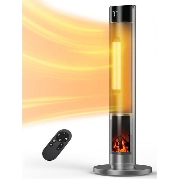 Space Heaters for Indoor, 34”Large PTC Ceramic Heater with Flame, 1500W Electric with Thermostat