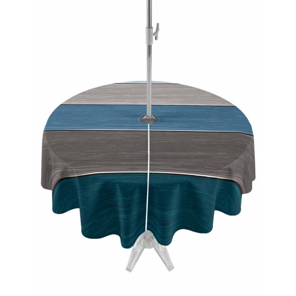 Outdoor Tablecloth with Umbrella Hole for Patio/Picnic/Party/Camping, Teal Blue Ombre Waterproof Table Cloth Round Cover Washable, Retro Farmhouse Gradient Wood (Dia 54")