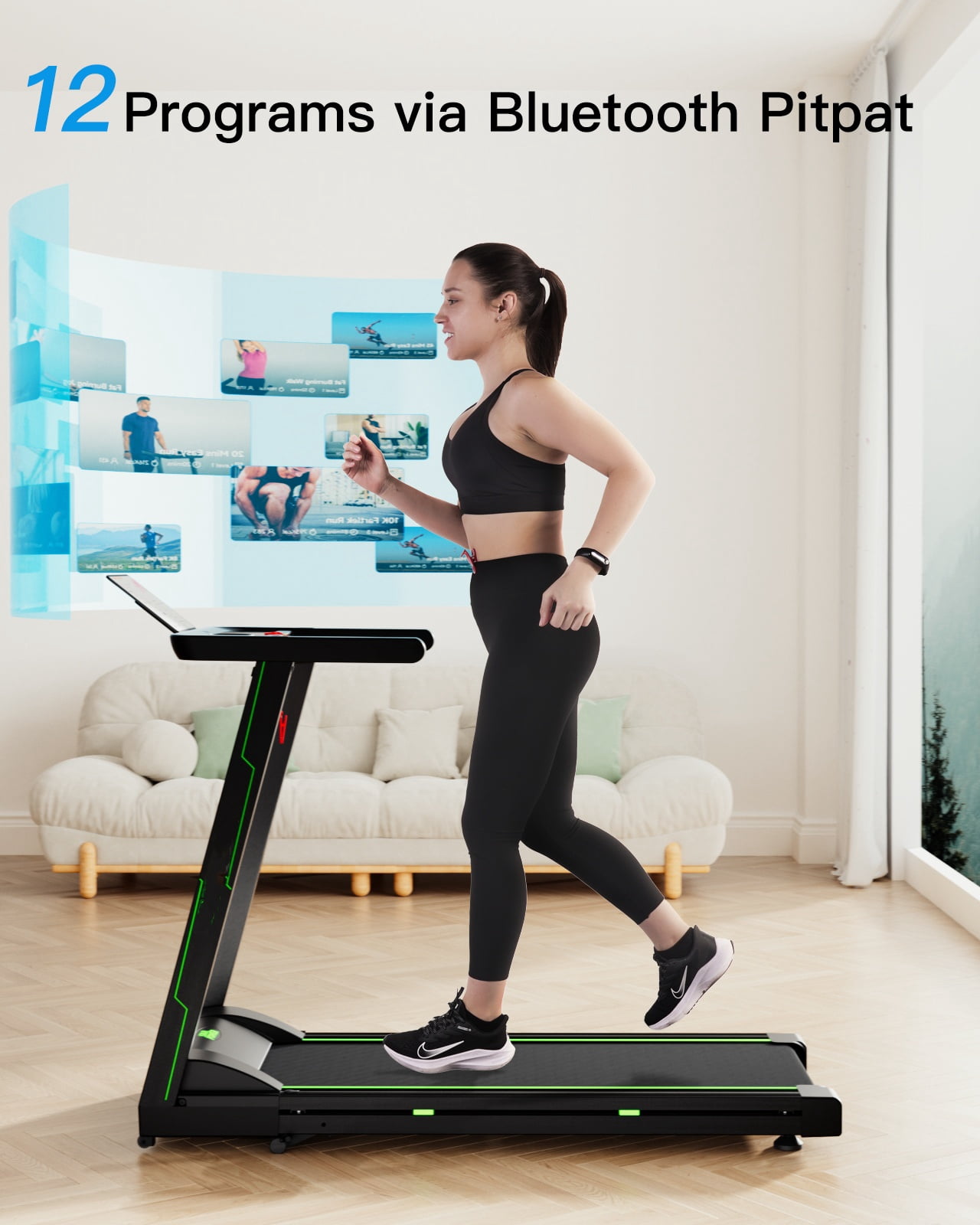 SSPHPPLIE 3HP Folding Treadmill for Home, APP Control , 300LB Walking Pad Running Data Analysis, (Green)
