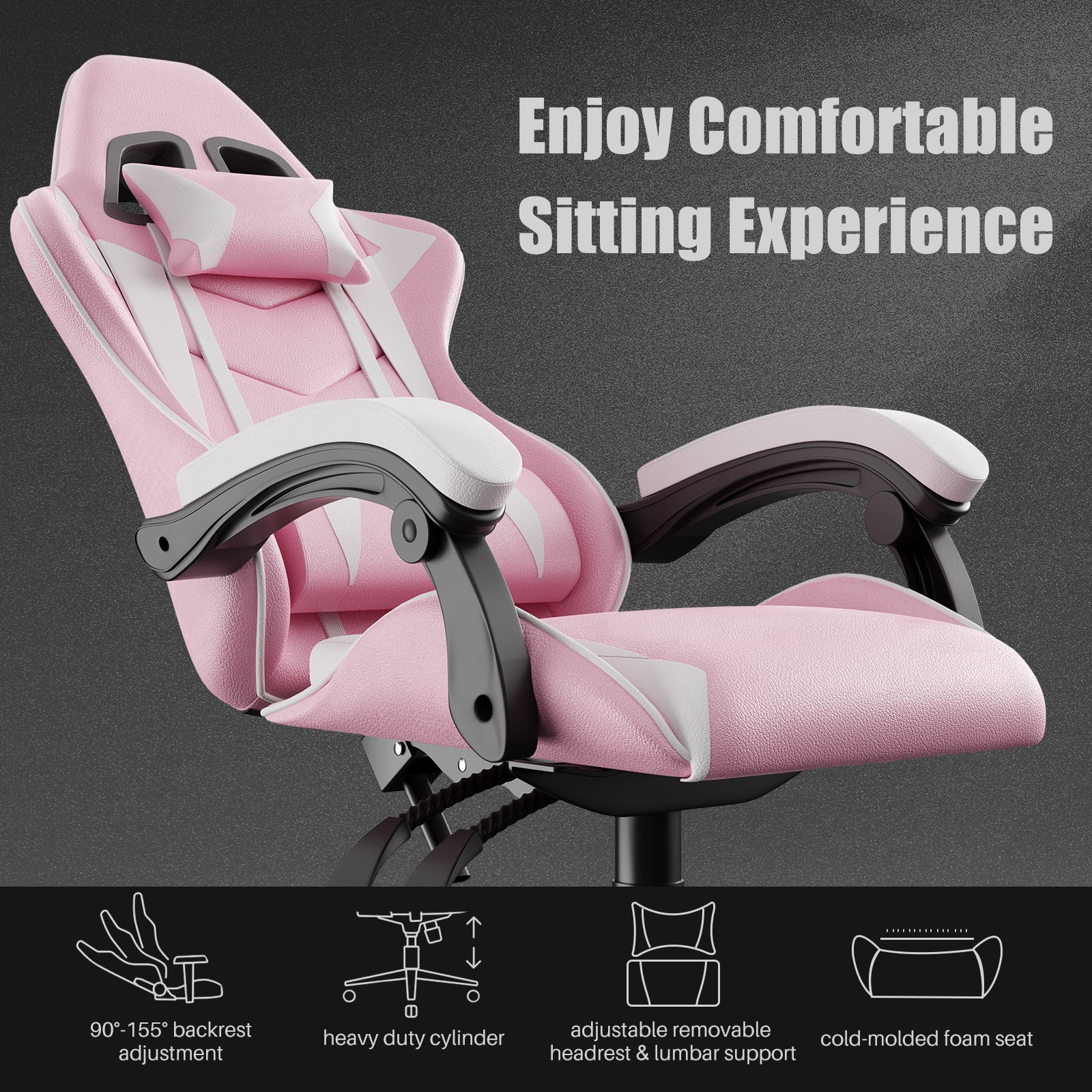 Bigzzia Gaming Chair, Ergonomic Game Chair with Headrest & Lumbar Pillow, Pink