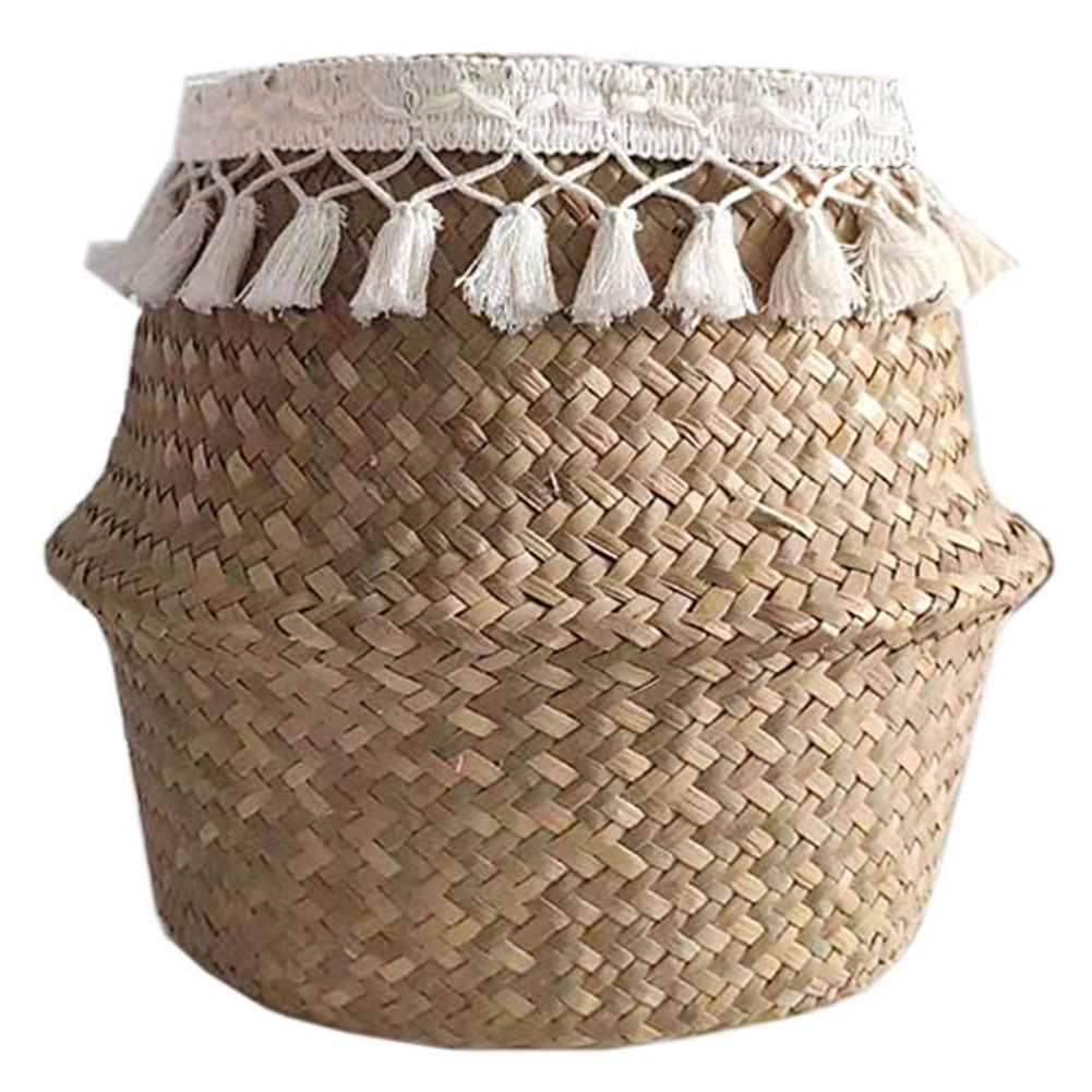 Foldable Natural Seaweed Storage Basket Handmade Plant Pot Flower Vase w/ Tassel 