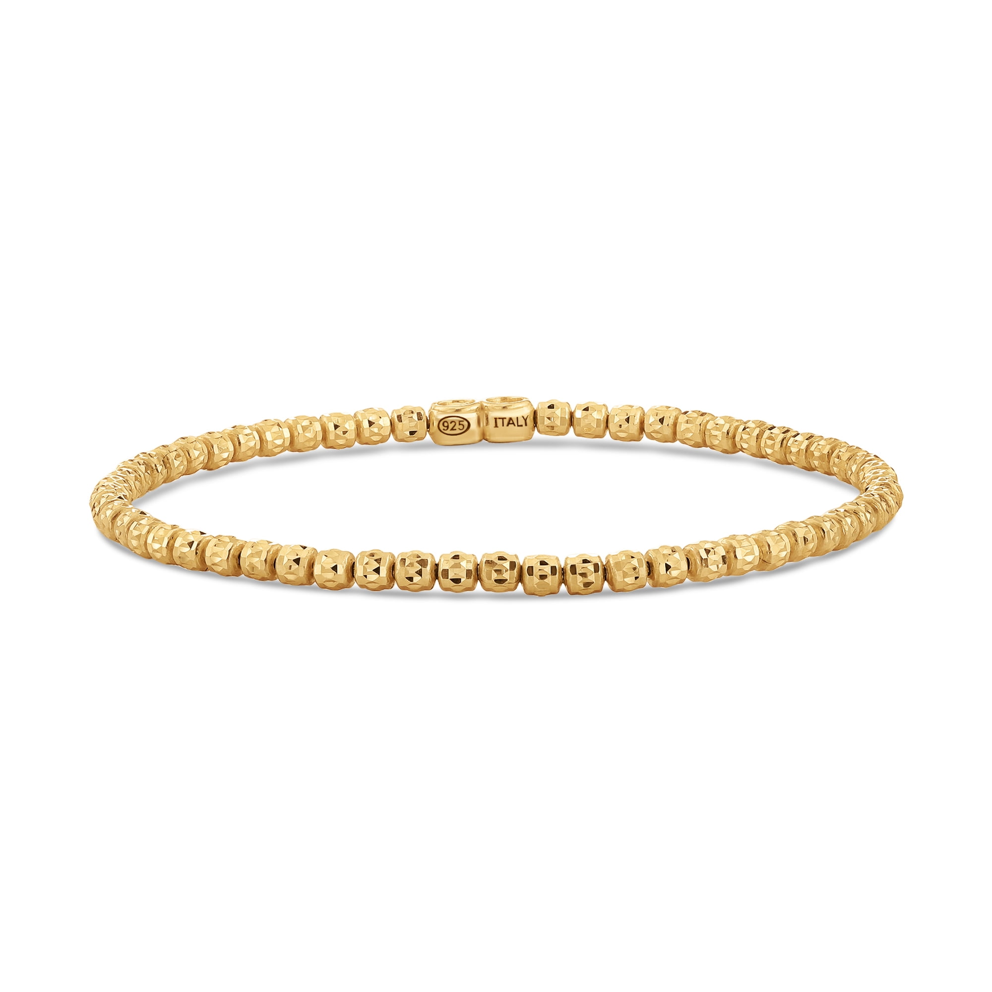 Tilo Jewelry Yellow Gold Plated 925 Sterling Silver 3mm Diamond-Cut Ball Beaded Stretch Bracelet | Everyday Bracelet for Men, Women, Unisex
