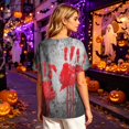 thumbnail image 7 of Women’s Halloween Handprint Graphic Henley Button Neck Short Sleeve Cotton Linen Shirt with Chest Pocket Casual Fit, 7 of 7
