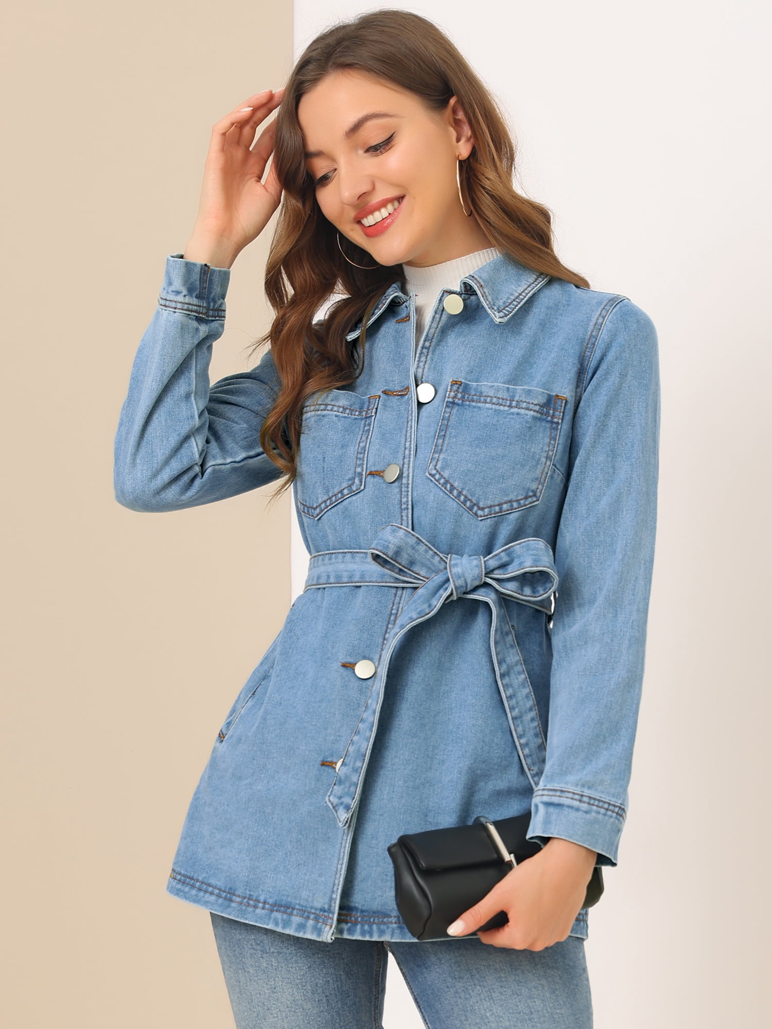 DARING DIVA Woman's Boyfriend Tie Waist Denim Jacket with Pockets XXL Blue