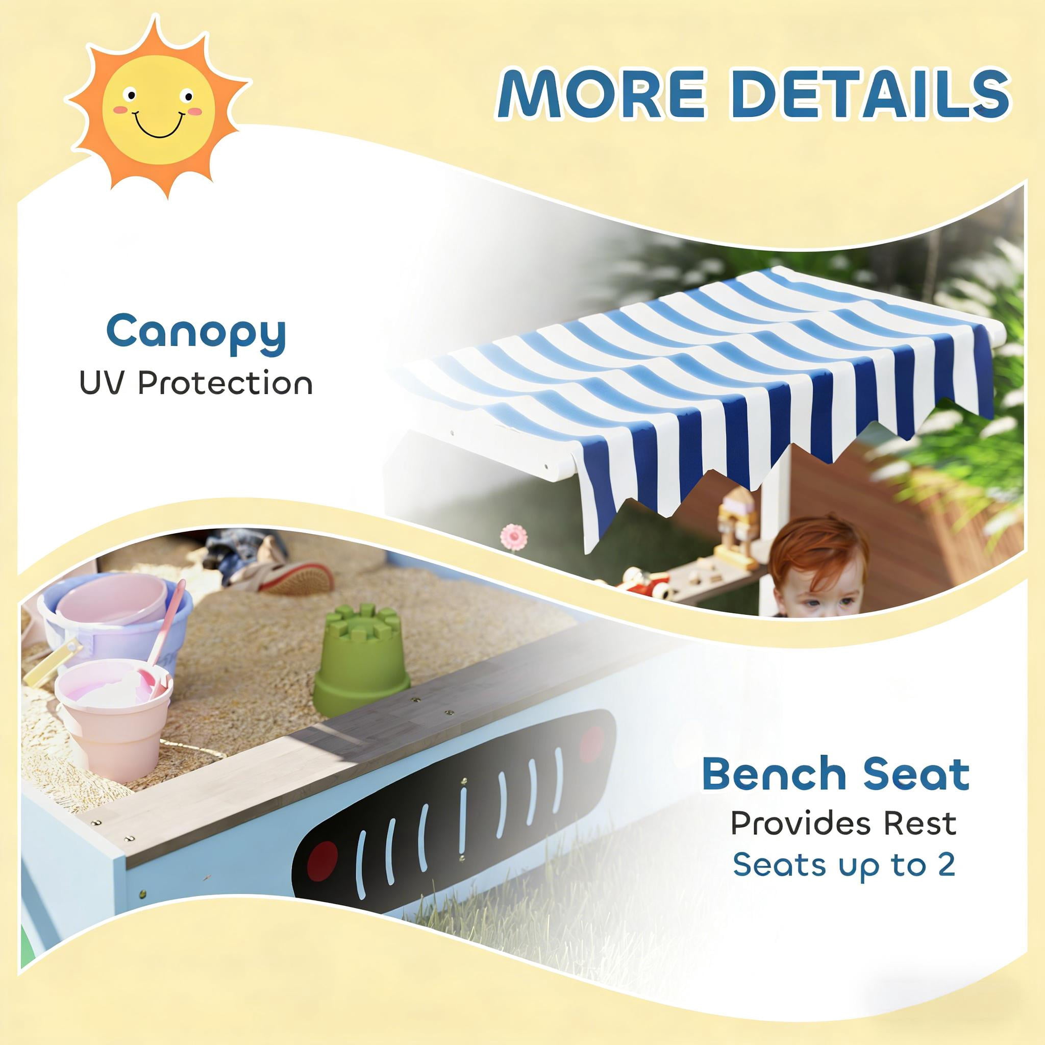 Kids Wooden Sandbox Grocery Store Play Station with UV Canopy, Drawing Board & Planting Boxes, Outdoor Fir Wood Sand Pit with Bench Seat for Ages 3-7