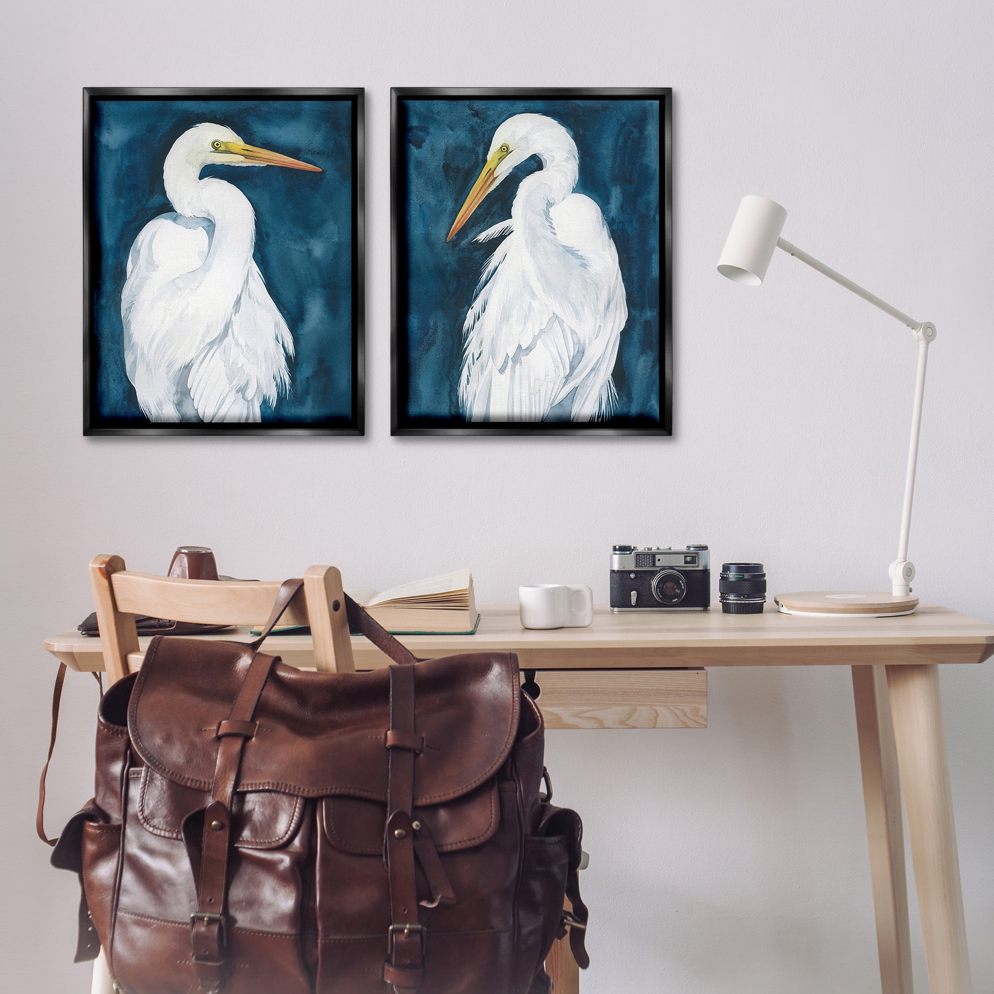 Stupell Industries Elegant Egrets on Blue Animals & Insects Painting Black Floater Framed Canvas Art Print Wall Art, 25 x 31, Set of 2