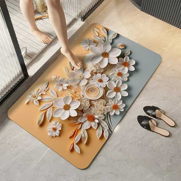 PRETXORVE Home Decor, Room Decor, Diatomaceous Earth Floral Bathroom Non- Mat Fast Drying Soft Foot Mat Washable Foot Mat