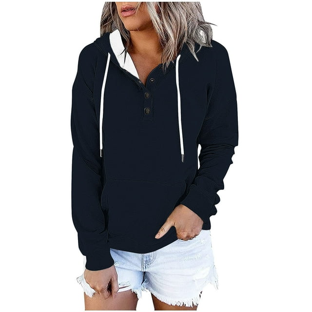 Great Gifts for Less Womens Hoodies Jacket Plus Size Womens Sweatshirts and Hoodies Women's Contrasting Button Hat Rope Hooded Pocket Pullover Fashionable Sweatshirts Navy XXL