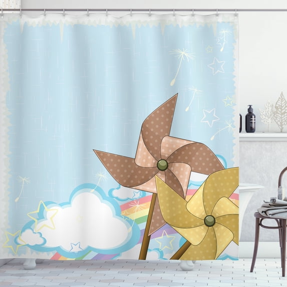Vintage Rainbow Shower Curtain, Fantastic Blue Sky with Clouds Stars Dandelion Seeds and Two Pinwheels, Fabric Bathroom Set with Hooks, 69W X 84L Inches Extra Long, Multicolor, by Ambesonne