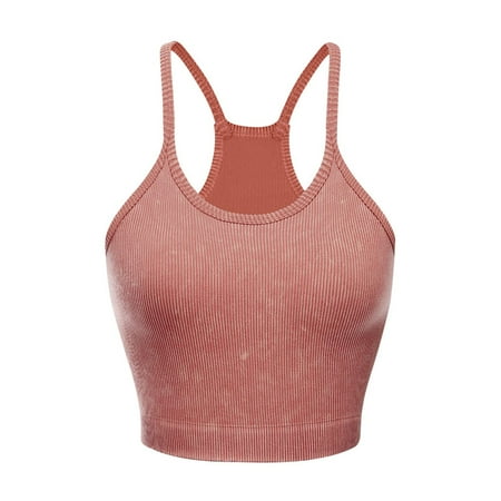 Summer Savings Clearance 2025! Loopsun Bras Womens Crop Solid Washed Seamless Rib-Knit Camisole Crop Tank Tops Quick Drying Bra Sports Bra Hot Pink L