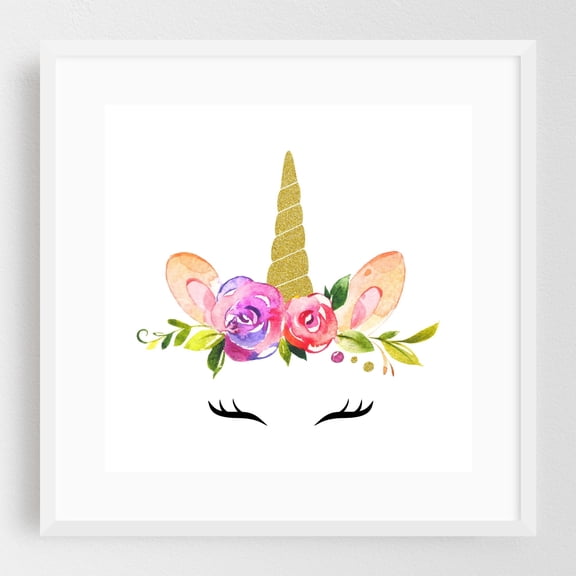 Cute Unicorn, Magical Unicorn, Fairy Tale, Girl Nursery - Illustration Watercolor Floral Fantasy Whimsical White Framed Wall Art Print 16 x 16 inches