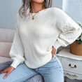thumbnail image 5 of Women'S Solid Knit Cable Sweater Casual Long Lantern Sleeve Pullover Crew Neck Knitted Tops White S, 5 of 8