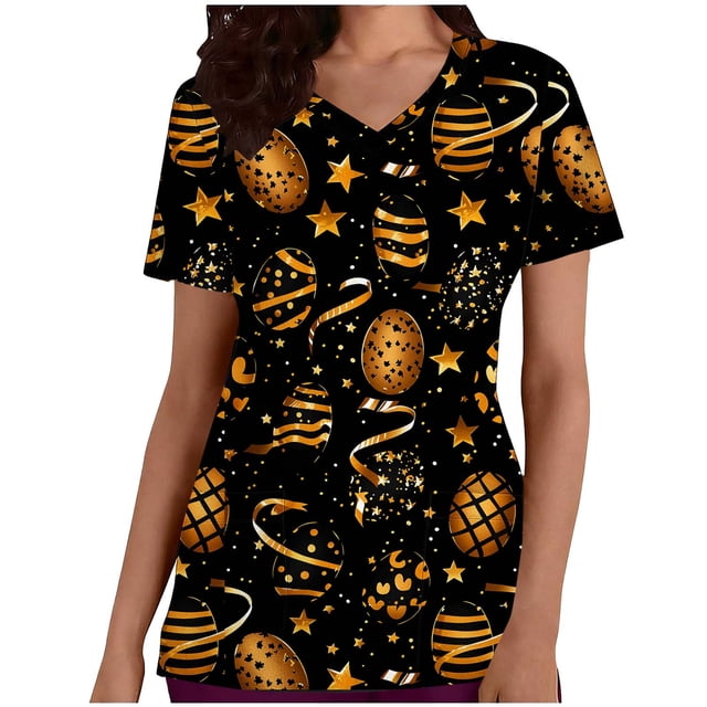 Blusa médica para mujer, con estampados navideños, cuello en V, manga corta, con bolsillos
