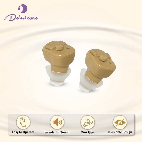 Delmicure Hearing Aids for Seniors, Clear Sound, Easy Button Control, In-Ear Design with Replaceable A10 Battery VHP-603 Beige - Pair
