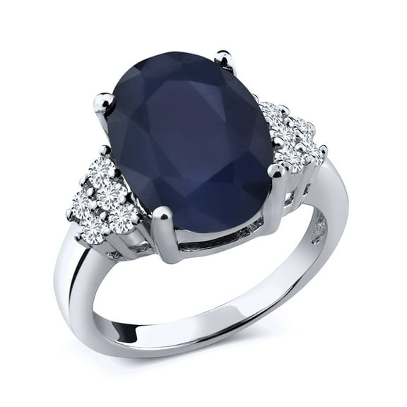 Gem Stone King 6.90 Cttw Oval Blue Sapphire and White Diamond 925 Sterling Silver Engagement Ring for Women | Oval 14X10MM | Gemstone Birthstone (Size 8)