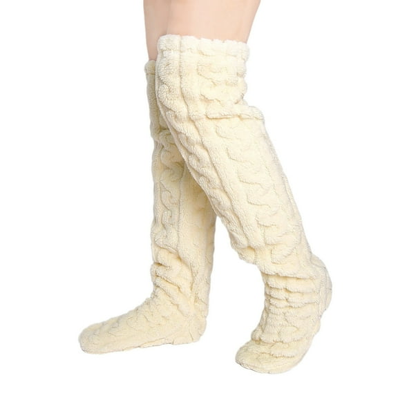 RUISINERY Womens Winter Thick Fleece Fuzzy Thigh High Slipper Socks Solid Color Furry Cable Pattern Over Knee Stockings Leg Warmer