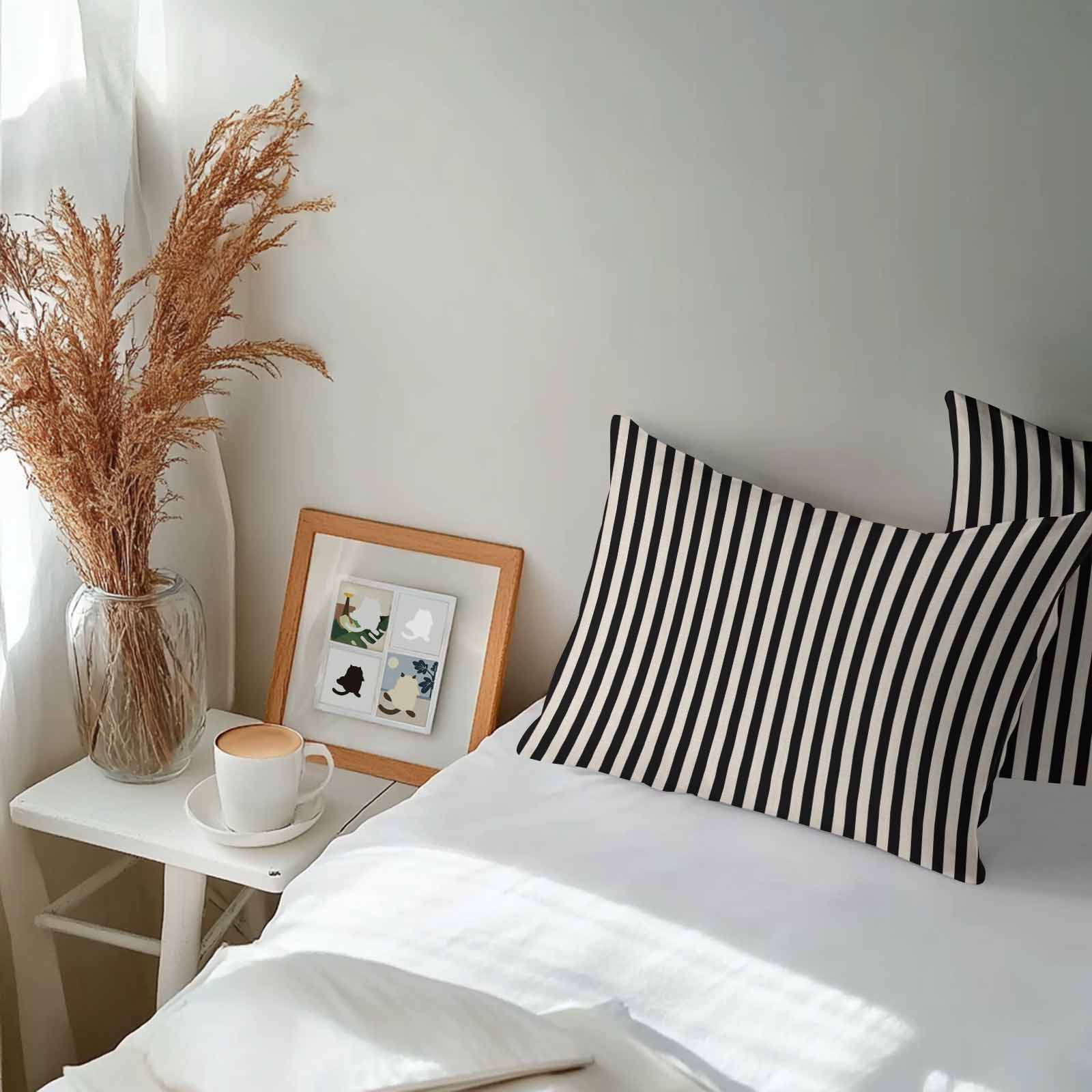 Outdoor Waterproof Throw Pillow Covers Set of 2 Black Stripes Pillowcases Lumbar Outdoor Pillows Cushion Case 20x12 Inch Linen Classic Vertical Striped Patio Pillows for Couch Sofa Bed Garden