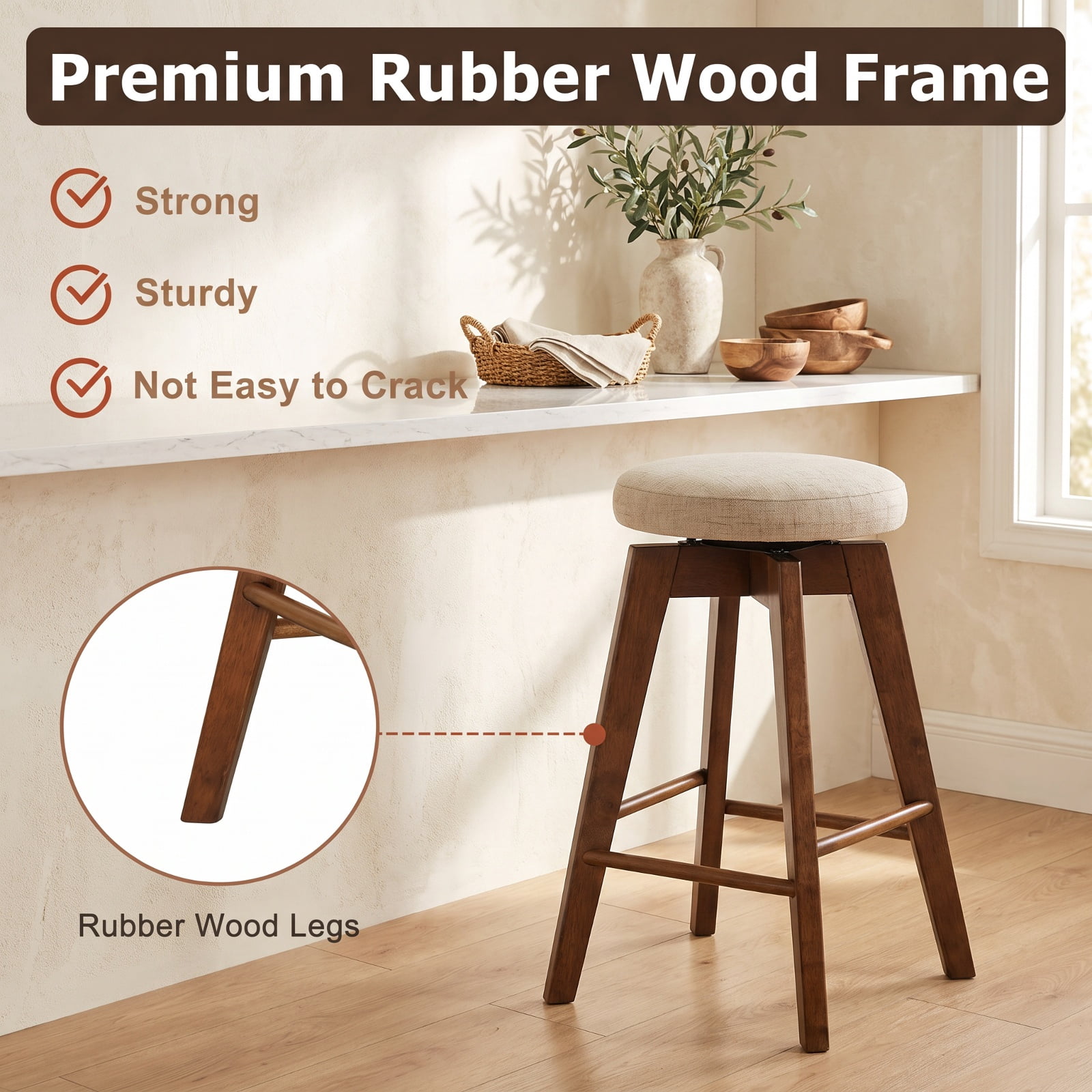 Furnibear 2 Pieces 26 Inch Backless Swivel Barstools with Linen Fabric Seat for Kitchen Island Counter Bar Pub Dining Home, Beige