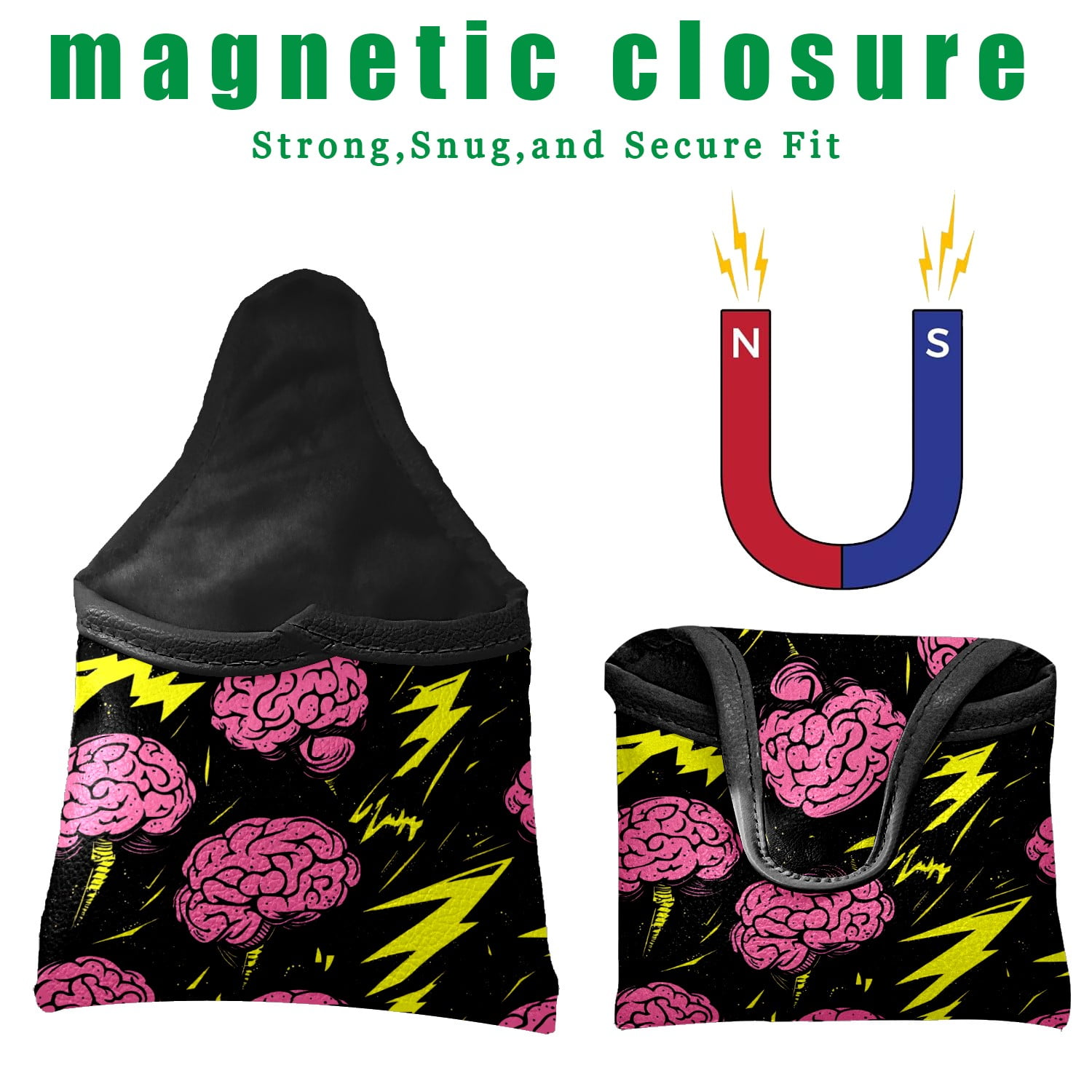 Golf Mallet Putter Cover Premium Leather Waterproof Golf Putter Head Cover with Magnetic Closure Cartoon Brain Lightning