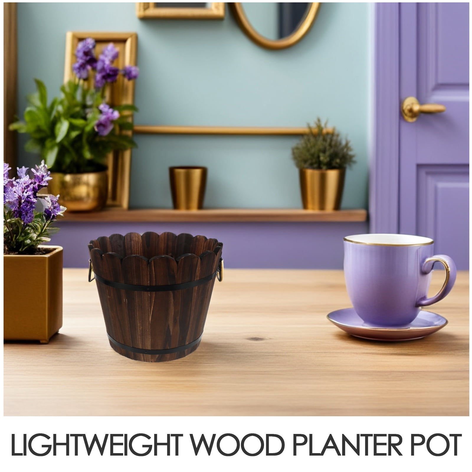 UPOUART Rustic Solid Wood Flower Bucket Planter Pot in Coffee Color for Indoor Gardening and Home Decor