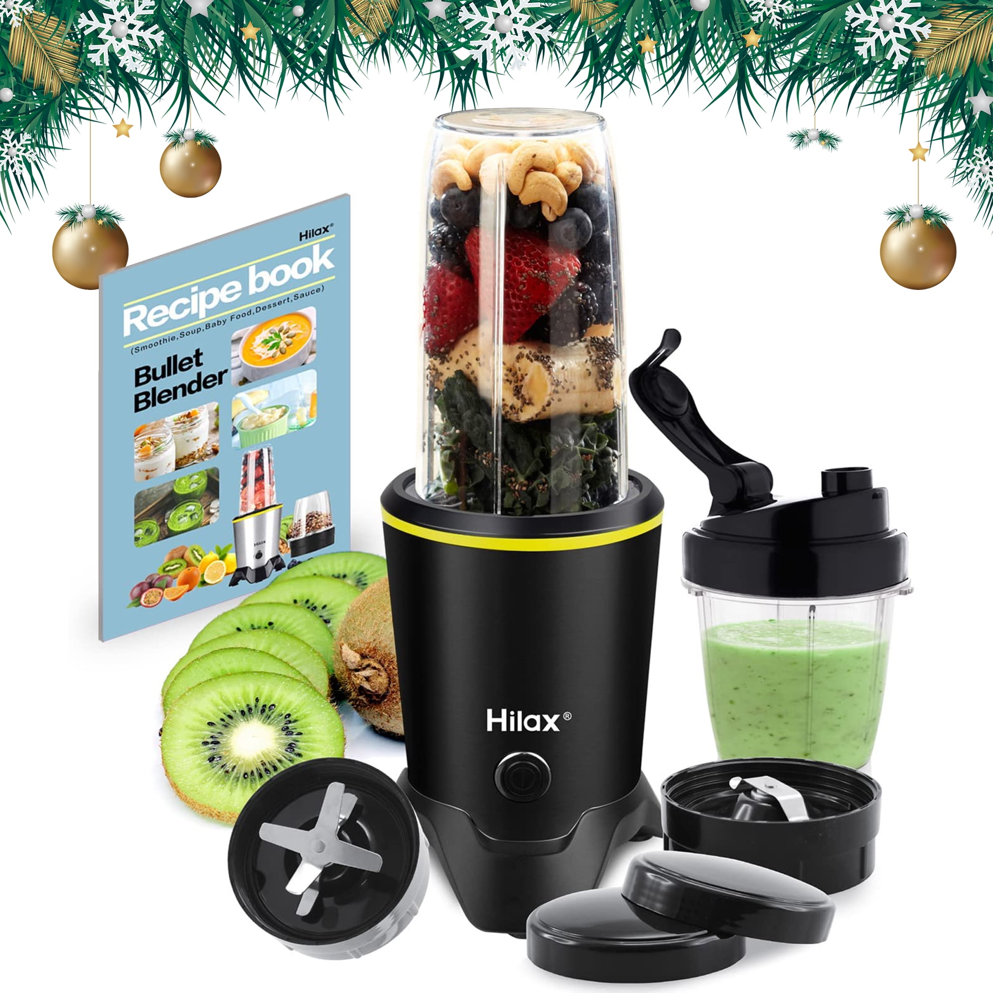 Hilax 3-in-1 Personal Smoothies Blender，1200W High Speed Fruit Processor  ,35oz Capacity Portable Travel Cups,BPA Free,Black 