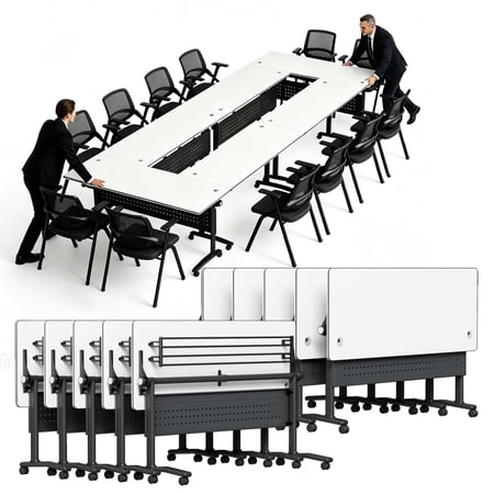 10-Pack Folding Conference Room Table 47” Mobile Flip Top Training Tables with Large Wheels Stackable Modular Meeting Table for Office Seminar Classroom White