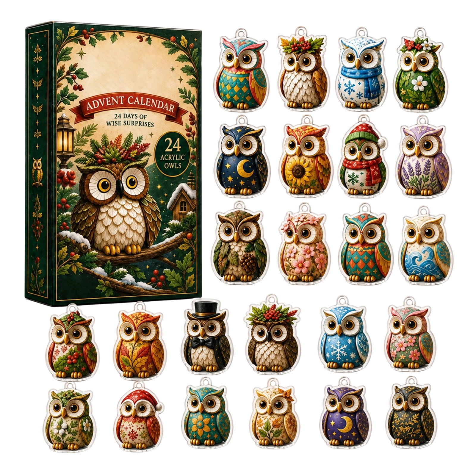 Seasonal Festive Ornament Advent Calendar 24-Day Xmas Countdown Blind Box 24Pcs 2D Acrylic Hanging Ornaments Xmas Tree Home Decor