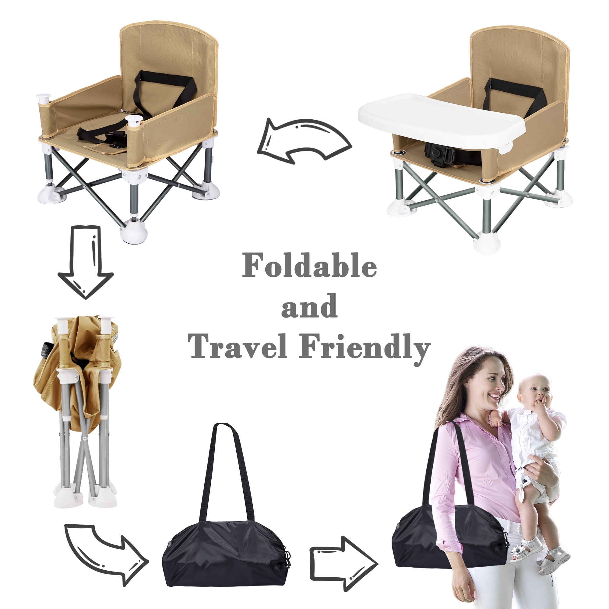 AGUDAN Baby Travel Booster Seat, Toddler Unisex Foldable Camping Chair with Removable Dining Tray