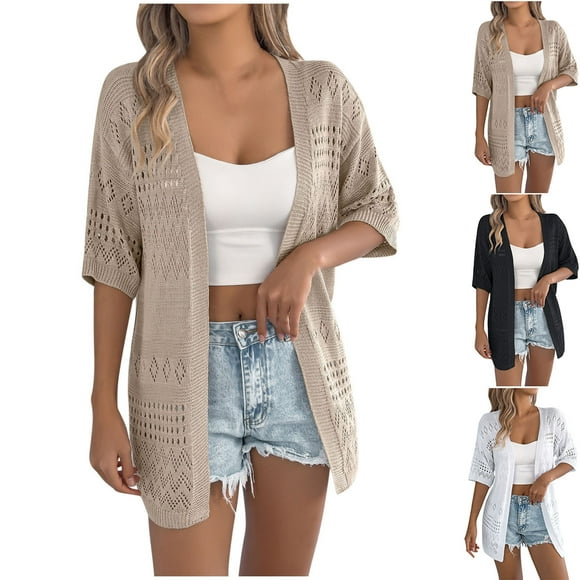 Brqkzdu Crochet Knit Cardigan Sweaters Womens Open-Front Short Sleeve Sweater Cardigan Loose Hollow Out Casual Fall Cardigans