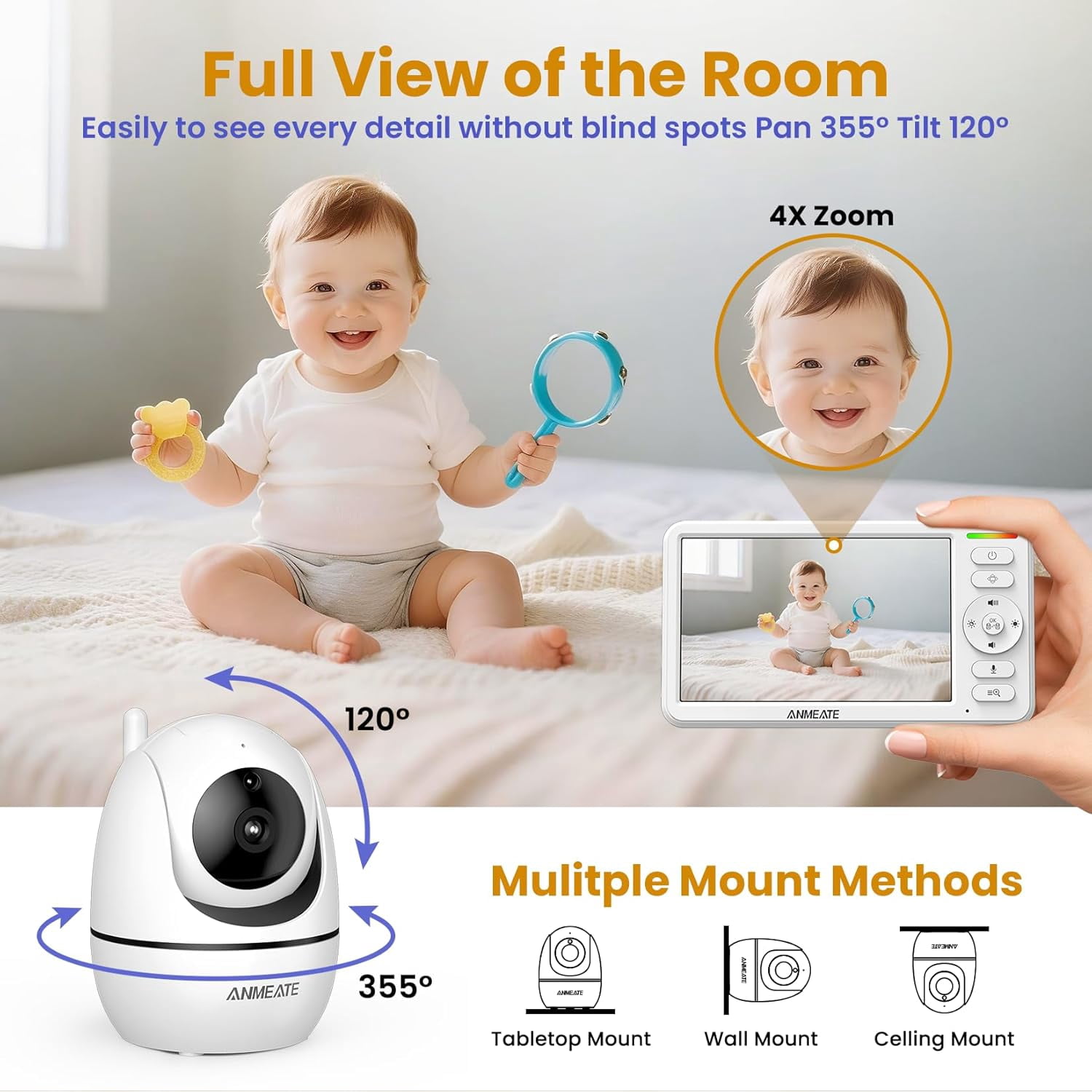 6 Inch Baby Monitor with Camera and Audio - No WiFi, 48-Hour Battery, Thermal Sensor, Remote Pan/Tilt/Zoom, Two-Way Talk, Lullabies&White Noise, 1000ft Range