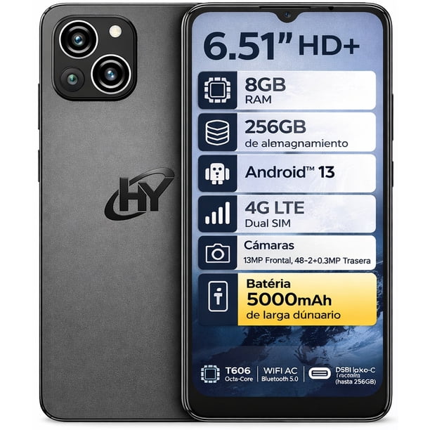 Celular Hyundai HyLine Prox 6.51" 8GB 256GB 4G LTE Android 13 Dual SIM 5000mAh Teléfono Negro