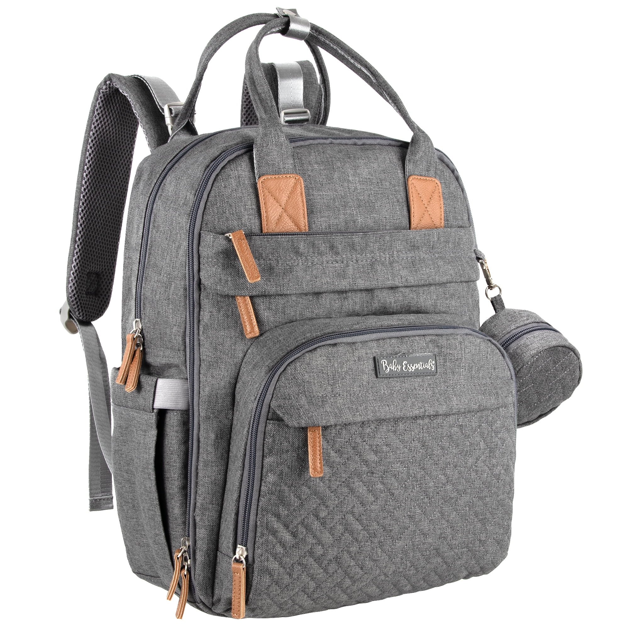Baby Essentials Quilted 17 Pocket Diaper Bag Backpack Tote with Matching 6-Ply Changing Pad, Feeding Bottle Pockets, Stroller Straps & Pacifier Pouch in Heather Grey