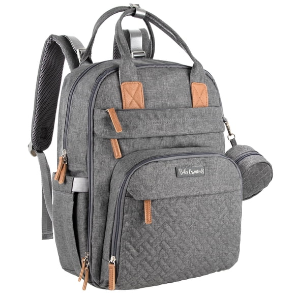 Baby Essentials Quilted 17 Pocket Diaper Bag Backpack Tote, Heather Grey, 0-36 Months