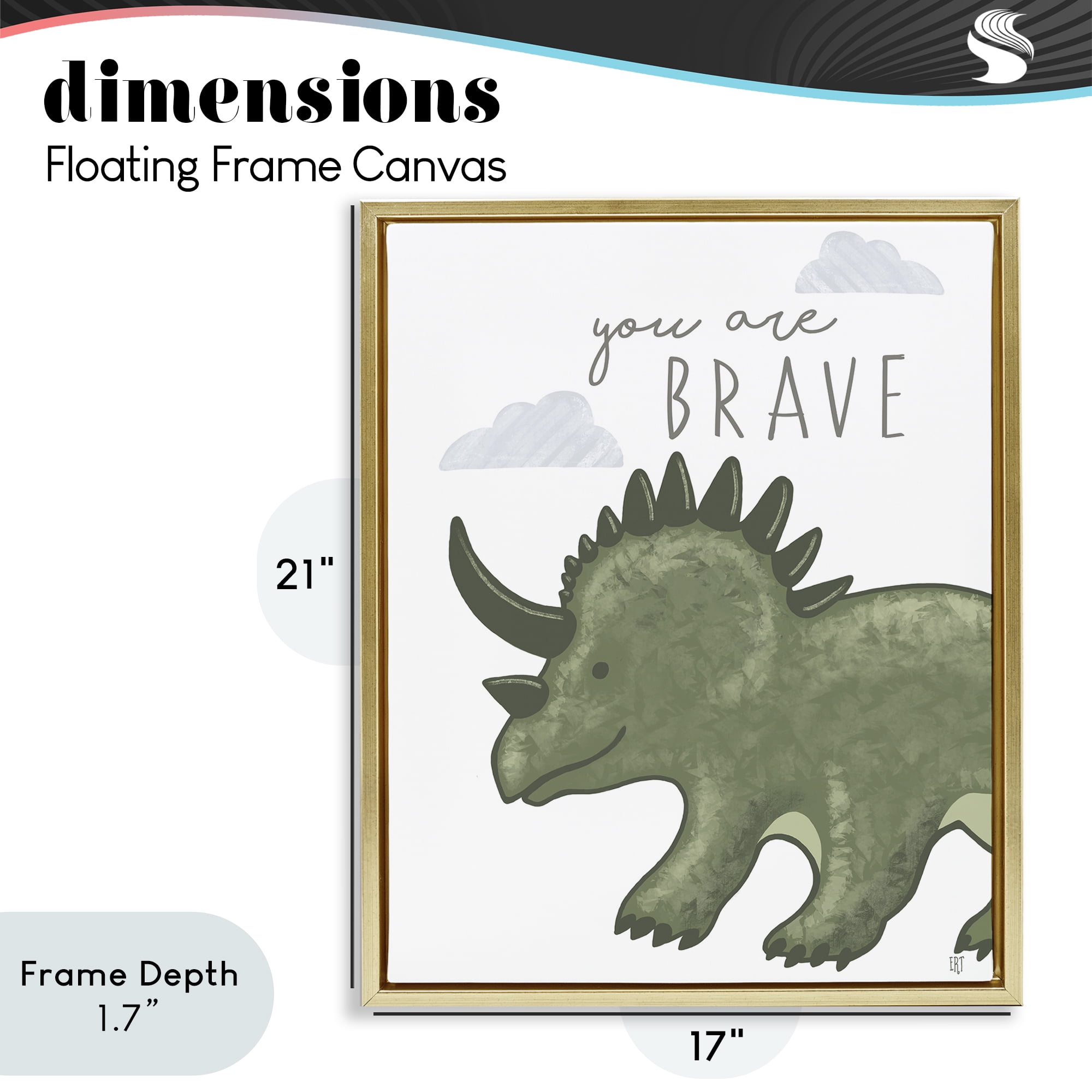 Stupell Industries You Are Brave Dinosaur Gold Framed Floater Canvas Wall Art, design by Elizabeth Tyndall