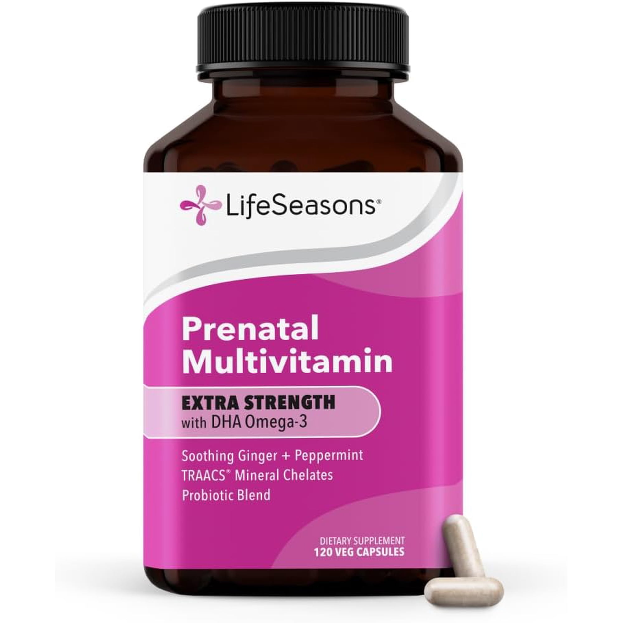 LifeSeasons Prenatal Multivitamin with DHA Omega-3 – High Potency Formula with TRAACS® Chelated Minerals, Methylated B-Vitamins, PureWay-C®, Probiotics, Ginger & Peppermint – 120 Veg Capsules